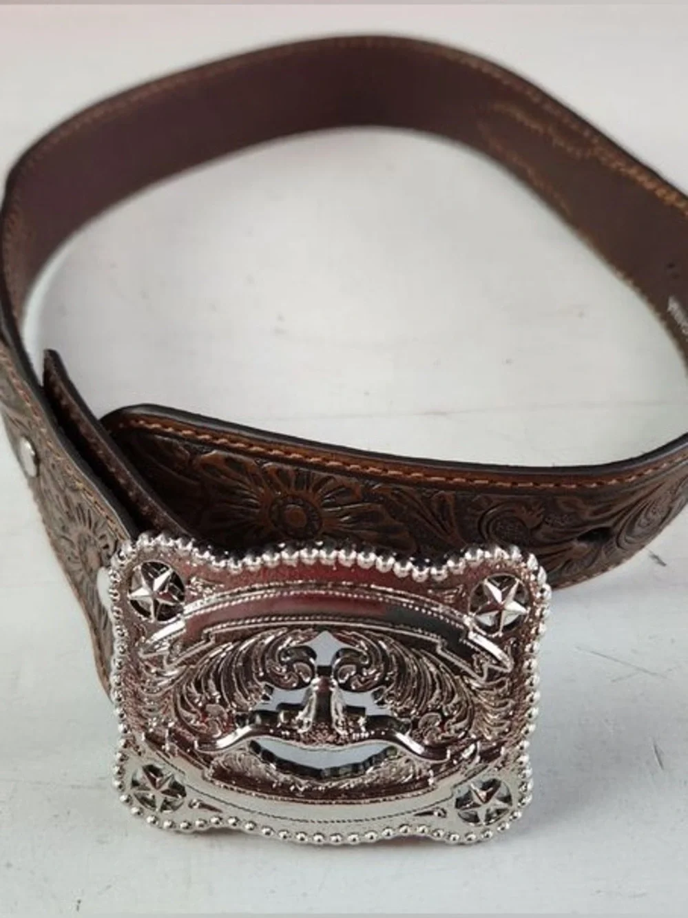 NWOT Nocona Boys Tooled Leather Longhorn Belt Western Brown Silver Buckle